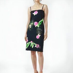 CJ Laing Embroidered Floral Black Pink Green Asian Silk Sheath Cocktail Dress 2